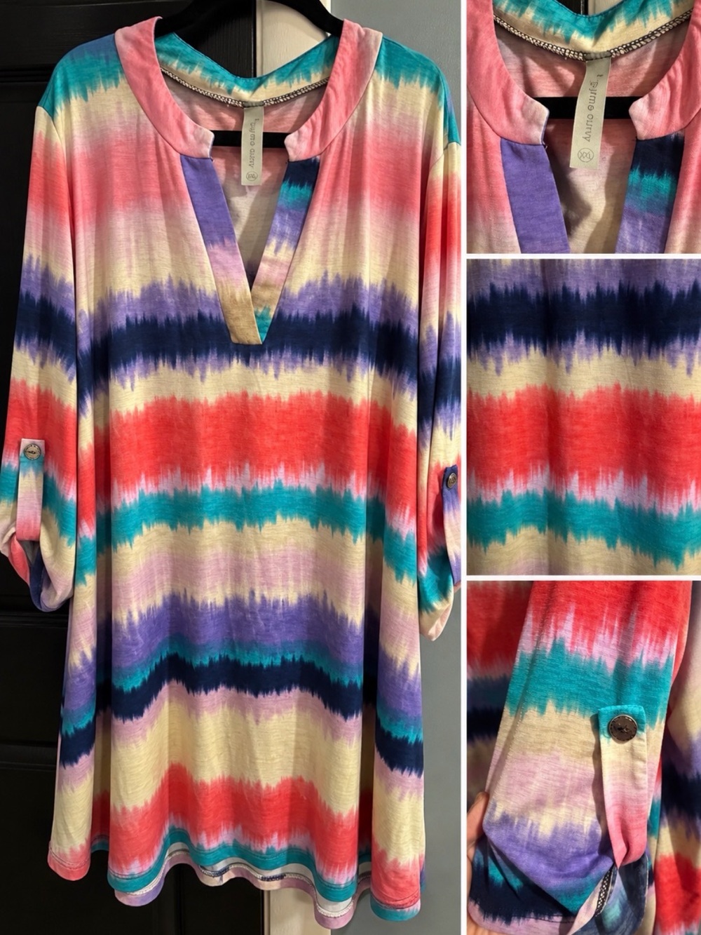 HoneyMe Curvy Multi-Stripe V-Neck Tunic in Turquoise, Coral & Purple